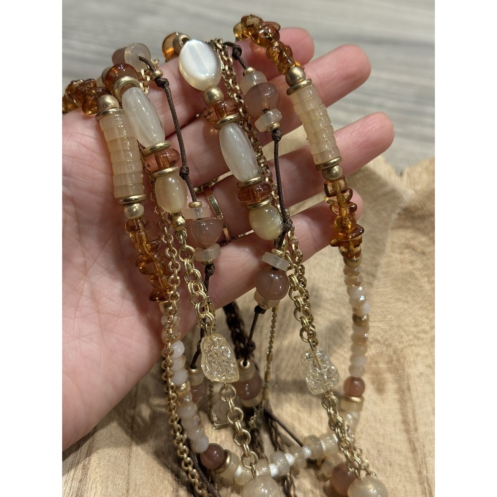 Artisan Beaded Layered Necklace Multi Strand Beaded Necklace 43" Cream Gold Tone